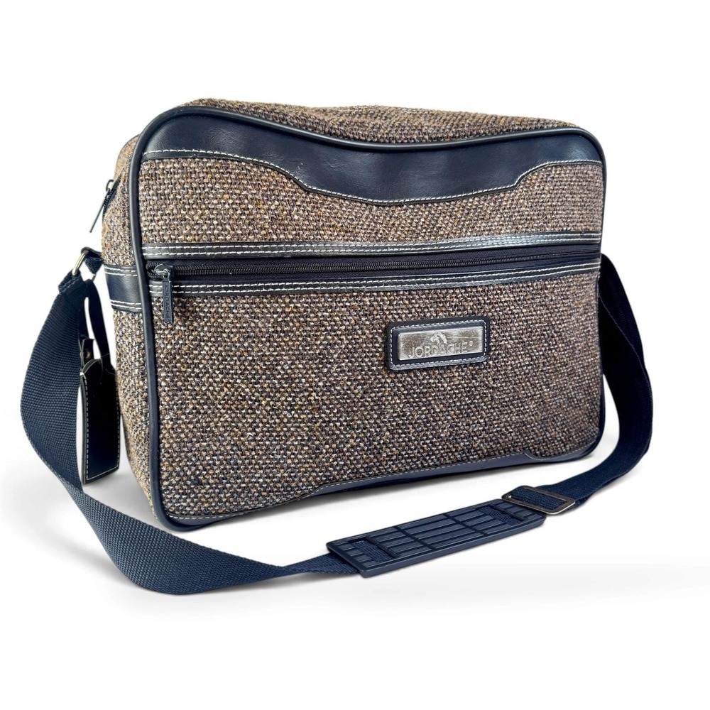 Vintage Jordache Tweed Messenger Bag Brown Navy Blue Adjustable Strap Travel